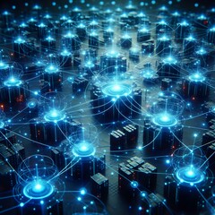 Obraz premium A network of interconnected nodes glowing with vibrant blue hues, representing the flow of big data between servers and devices in a complex system.
