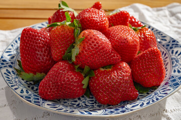 New harvest, plate with bio ripe red sweet strawberry from Spain