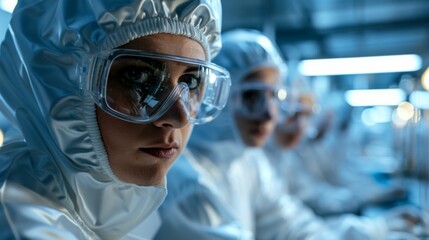 Focused researcher in protective gear analyzing samples in a laboratory setting with advanced equipment during a science experiment