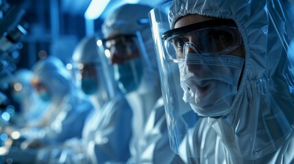 Scientists wearing protective gear conduct research in a high-tech laboratory during a late-night experiment on virus prevention techniques