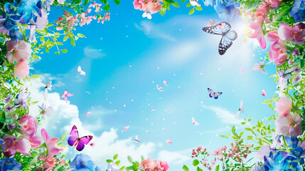 Fototapeta na wymiar Butterflies and flowers on the sky background frame. Selective focus.