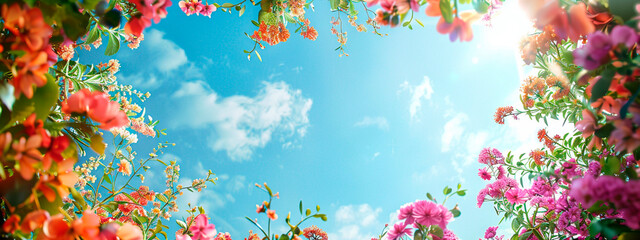 Obraz na płótnie Canvas flowers on the sky background frame. Selective focus.