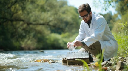 A man, wearing a lab coat, collects water from a river, amidst a beautiful natural landscape with...