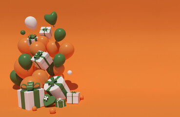 gift boxes of various shapes, white with green bows with orange-green pearlescent balls on an orange background. 3D rendering cartoon