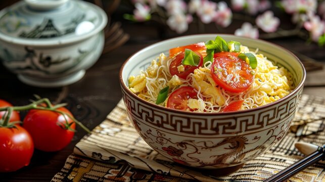 A Chinese-style image of tomato and egg noodles for a baby food recipe, against a backdrop that reflects traditional Chinese aesthetics. In the composition, a bowl of noodles
