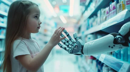 Foto op Canvas A curious little girl touch a humanoid robot drugstore © rabbit75_fot