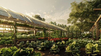 Agrivoltaics, a sustainable farming innovation, integrates solar panels with crops, allowing for simultaneous agricultural production and renewable energy generation on the same land. - obrazy, fototapety, plakaty