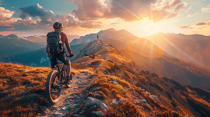 Photo from behind of man on bicycle riding through the mountains against the background of sunset and beautiful landscape. Bicycle tourism concept in summer - obrazy, fototapety, plakaty