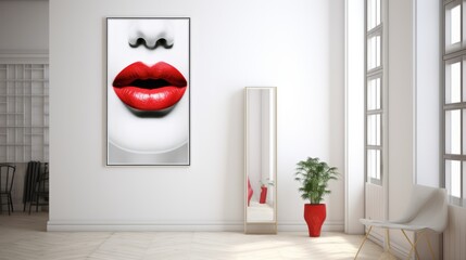 modern trendy entryway with a vertical painting of red lips on white background - obrazy, fototapety, plakaty