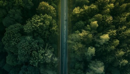 Aerial top view of a lone road through green forest, healthy rainforest, environment, health, green economy, view of beautiful greenery, nature ecosystem, save planet earth, environmental day