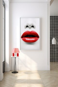 modern trendy entryway with a vertical painting of red lips on white background