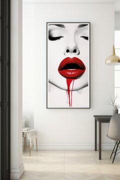 modern trendy entryway with a vertical painting of red lips on white background