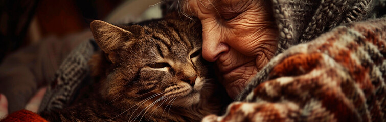 an elderly woman hugs a cat. Selective focus.