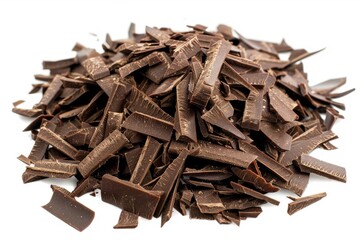 Pile scraped, milled dark chocolate shavings, 70 percent cocoa, isolated on white, top view - obrazy, fototapety, plakaty