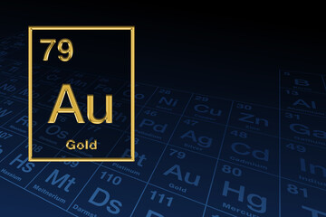 Gold, chemical element symbol with relief shape, over the periodic table in the background. Noble and precious metal with chemical symbol Au for Latin aurum, and with atomic number 79. Illustration. - obrazy, fototapety, plakaty