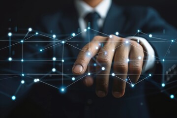 Business professional interacting with digital network interface showcasing technology and innovation concepts