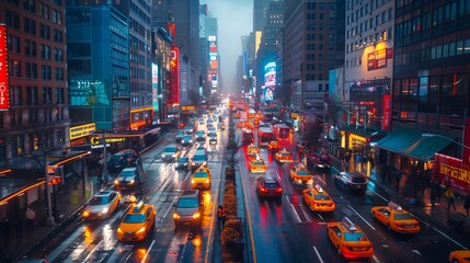 Bustling City Street with Taxis and Neon Lights at Twilight - obrazy, fototapety, plakaty