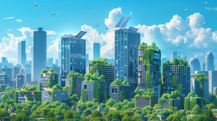 Cityscape with smart buildings - reduce carbon footprint in urban environments
