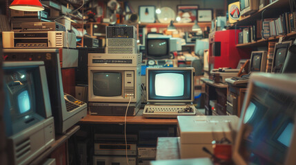 Retro 80s computer shop, focus on classic monitors and game boxes, filled with nostalgia, devoid of people