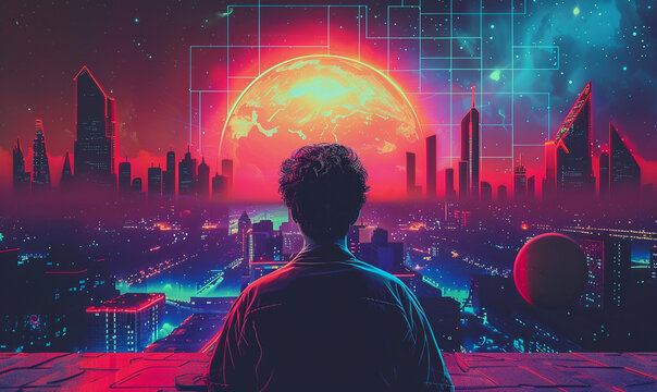 Retro 80s poster of a man facing a neon-lit cityscape, vibrant synthwave aura, nostalgic yet futuristic