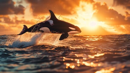 orca jumps out of the ocean against the background of the sunset