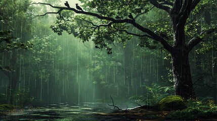 soft rain the forest surreal setting that heals you, with birds sitting on trees - Powered by Adobe