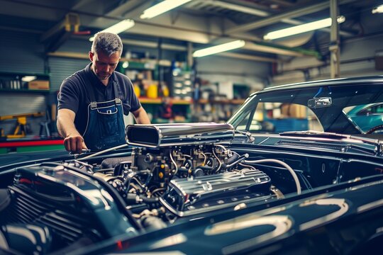 Dedicated auto mechanic fine-tuning a classic car's engine for optimum performance. The image depicts a blend of traditional craftsmanship and modern technology in a pristine, well-lit garage setting.