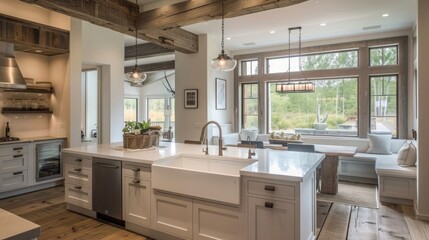 Contemporary kitchen boasts farmhouse sink, rustic beams, pendant lights, cozy breakfast nook - obrazy, fototapety, plakaty