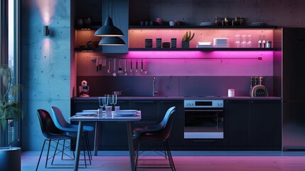 Compact kitchenette, open shelving, matte black, small dining area, vibrant color pops, LED lighting