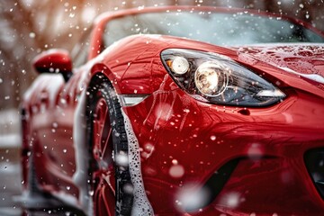Professional Car Wash Red Sportscar with Shampoo close-up - obrazy, fototapety, plakaty