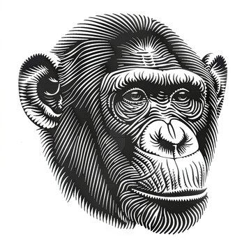 Close-up of a monkey's face. Animalism. Imitation sketch print in black and white coloring. Illustration for cover, card, postcard, interior design, decor or print.