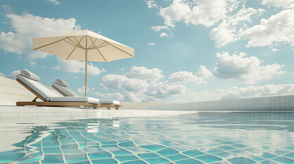 Side view of a luxury swimming pool with beach umbrella and sun loungers