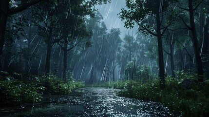 rainy stormy day in surreal forest in Moon