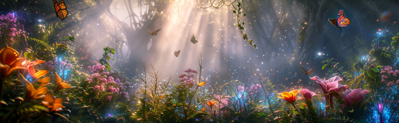 Fairy enchanted forest wonderland wall paper background. Glowing flowers, misty sunlight.