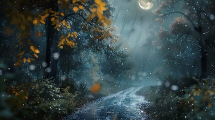 rainy stormy day in surreal forest in Moon