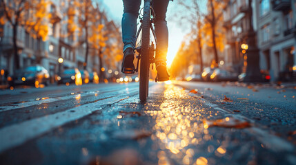 Photo of cyclist from behind riding towards the sun along a city street.
