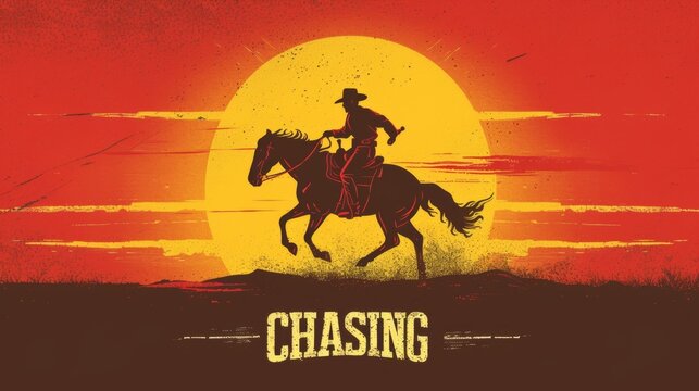 Vintage art poster of cowboy riding horse running fast with large sun background