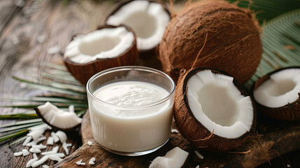 Glass of coconut milk on wooden background with cut coconuts - obrazy, fototapety, plakaty