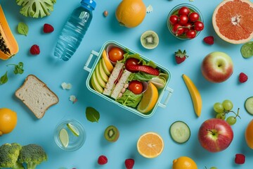 Refresh your study break: Top view photograph featuring a lunch box containing sandwiches, fruits,...