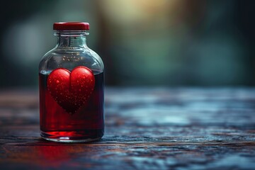 A bottle with red colored liquid and a heart inside on a wooden surface surrounded by drops reflects health care, blood donation and love potion concept. - obrazy, fototapety, plakaty