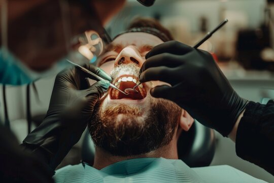 View into a mouth in which a dentist wearing black rubber gloves is carrying out a prophylactic treatment on a patient
