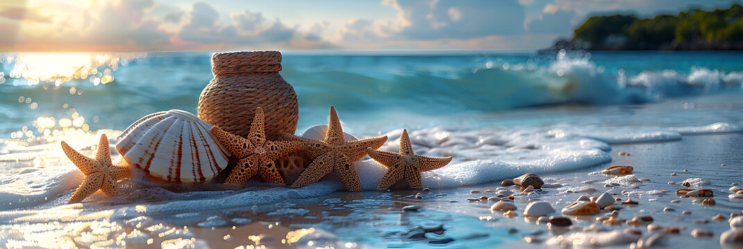 The Beach Accessories 3d image,
Starfish and seashell on the summer beach 