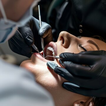 View into a mouth in which a dentist wearing black rubber gloves is carrying out a prophylactic treatment on a patient
