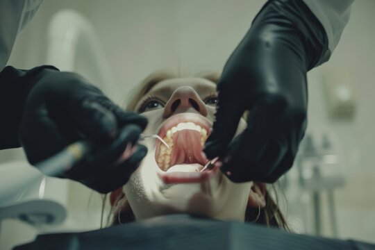 View into a mouth in which a dentist wearing black rubber gloves is carrying out a prophylactic treatment on a patient
