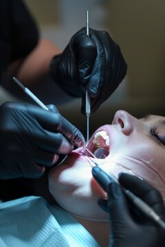 View into a mouth in which a dentist wearing black rubber gloves is carrying out a prophylactic treatment on a patient
