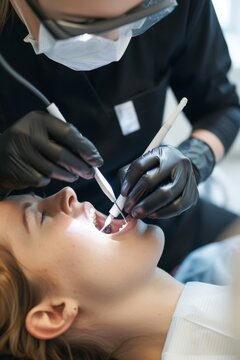 View into a mouth in which a dentist wearing black rubber gloves is carrying out a prophylactic treatment on a patient
