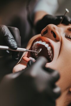 View into a mouth in which a dentist wearing black rubber gloves is carrying out a prophylactic treatment on a patient

