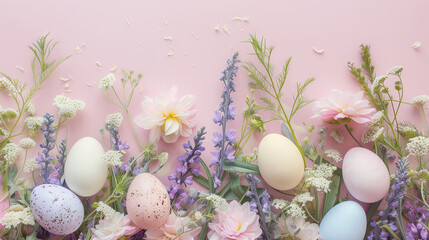 Fototapeta premium Easter eggs with flowers on pink background