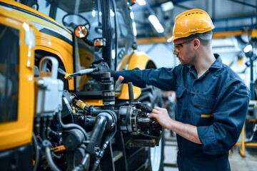 Dedicated service professional conducting a thorough inspection of a tractor's hydraulic system,...
