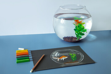 Soft pastel painting, drawing of gold fish in the bowl on the blue background. Set of soft pastel crayons	